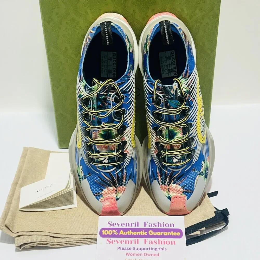 Gucci Run 10/ US 10.5 Knit Low Top Sneakers Blue Floral Print Shoes NIB $920